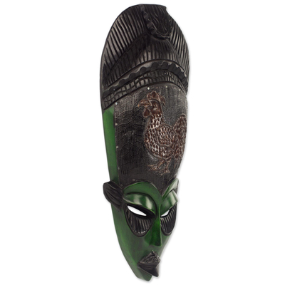 African wood mask, 'Stalwart Rooster' - Ghanaian Hand Carved Sese Wood Mask with Rooster
