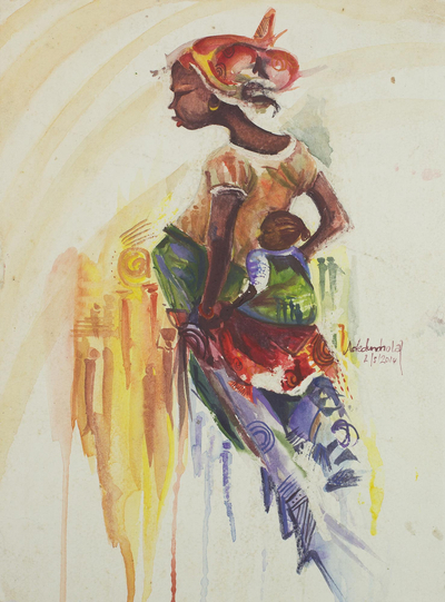 'Pride of an African Mother' - Signed Expressionist Mother and Child Painting from Ghana