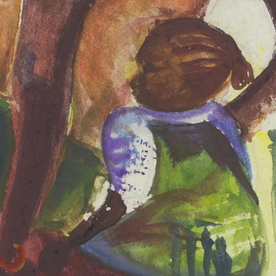 „Stolz einer afrikanischen Mutter“. - Signierte expressionistische Mutter-Kind-Malerei aus Ghana