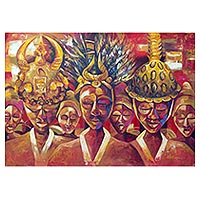 'Hierarchy of Ashanti Chieftancy' - Red Cultural Painting of People from Ghana
