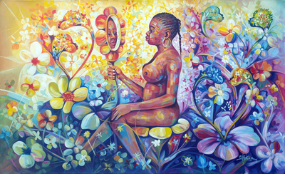 Wo die Schönheit liegt – Expressionistisches Gemälde einer Frau mit Blumen aus Ghana