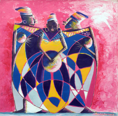 'Voice From Their Hands' (2016) - Expressionist Painting in Pink and Purple from Ghana