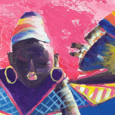 „Stimme aus ihren Händen“ (2016) – Expressionistische Malerei in Rosa und Lila aus Ghana