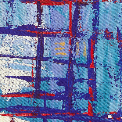 'Rhythm' - Tall Blue Abstract Art Signed Painting from Ghana