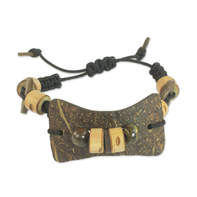 Tiger's eye and coconut shell pendant bracelet, 'Wild Tiger' - Bead Bracelet with Tiger's Eye and Natural Beads from Ghana