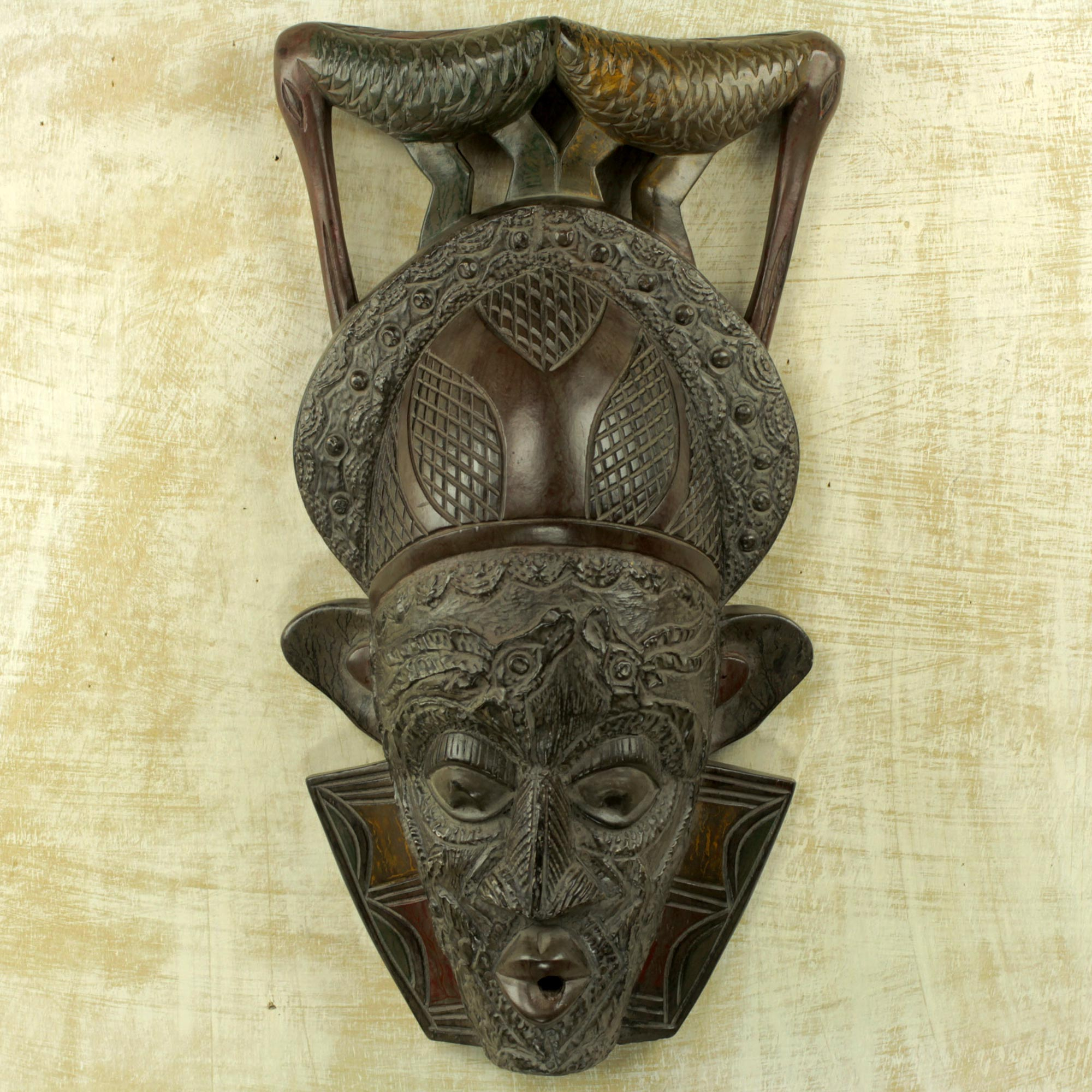 Ghana Wood Mask Hand Carved With Birds Bird Perch Novica