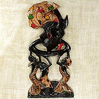 Wood wall art, 'Raising Mother Africa' - Ghana Hand Carved Multicolor Cultural Wood Wall Art