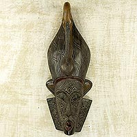 African wood mask, 'Sankofa Silhouette' - Ghana Sese Wood Mask Hand Carved Brown