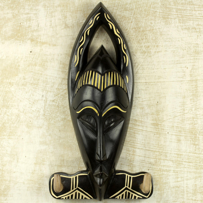 Wood key holder, 'Blessed Face' - Hand Carved Black Wood Key Holder from Ghana