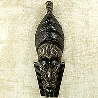 African wood mask, 'Peace of Mind' - Ghana Wood Mask Hand Carved Black