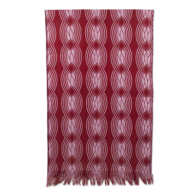 Cotton shawl, 'Petal Pink Waves' - Printed Cotton Shawl in Crimson and Petal Pink from Ghana