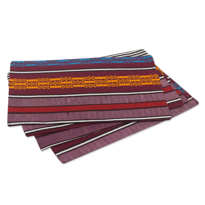 Tischsets aus Baumwolle, 'Gestreifte Nunana' (Satz mit 4 Stück) - Mehrfarbig gestreifte Baumwoll-Platzdecken (4er-Set) aus Ghana
