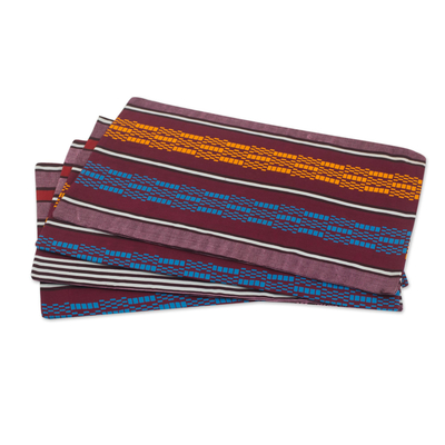 Tischsets aus Baumwolle, 'Gestreifte Nunana' (Satz mit 4 Stück) - Mehrfarbig gestreifte Baumwoll-Platzdecken (4er-Set) aus Ghana