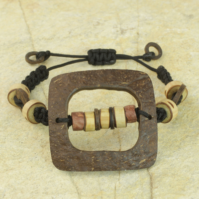 Coconut shell and bamboo pendant bracelet, 'Bold Squares' - Handcrafted Earth Tone Bracelet with Coconut Shell Beads