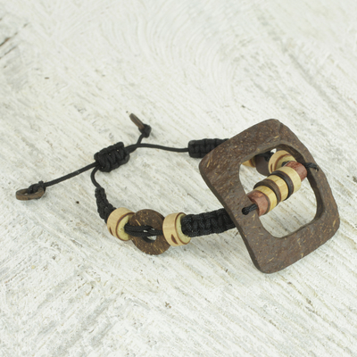 Coconut shell and bamboo pendant bracelet, 'Bold Squares' - Handcrafted Earth Tone Bracelet with Coconut Shell Beads