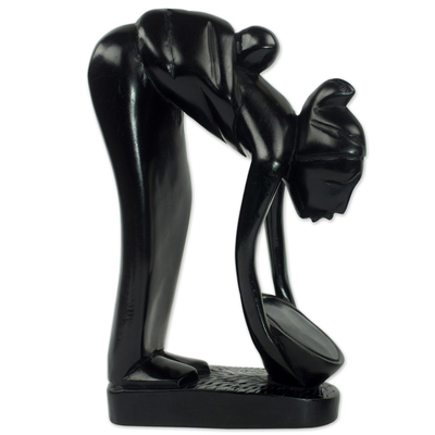 Wood sculpture, 'Serwaa Mother' - Hand Carved Mother and Child Black Sculpture from Ghana