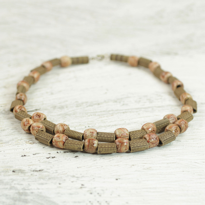 Wood beaded necklace, 'Melodious Beauty' - Wood and Recycled Plastic Beaded Necklace from West Africa