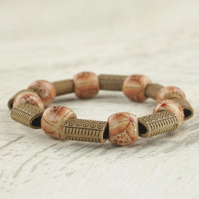 Wood and recycled plastic beaded stretch bracelet, 'Melodious Nature' - Wood and Recycled Plastic Beaded Floral Stretch Bracelet