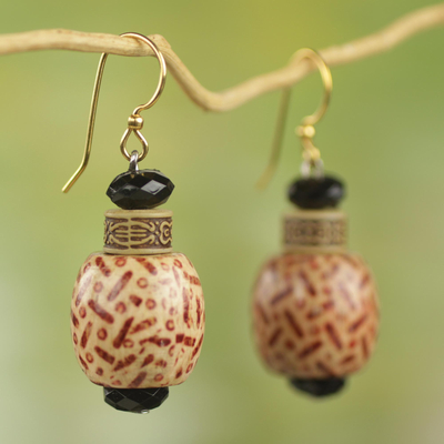 Wood and recycled plastic dangle earrings, 'Holy Love' - Wood and Recycled Plastic Rustic Dangle Earrings from Ghana