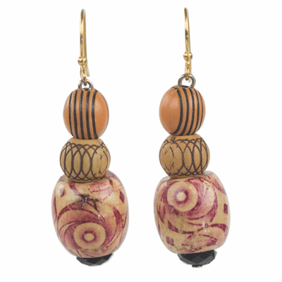 Wood and recycled plastic beaded earrings, 'Dancing Hope' - Wood and Recycled Plastic Beaded Dangle Earrings from Ghana