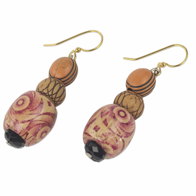 Wood and recycled plastic beaded earrings, 'Dancing Hope' - Wood and Recycled Plastic Beaded Dangle Earrings from Ghana