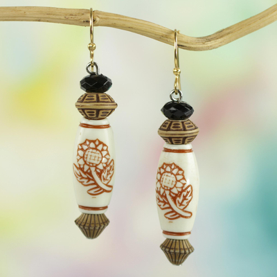 Beaded dangle earrings, 'Flowers of Blessing' - West African Floral Theme Recycled Plastic Beaded Earrings