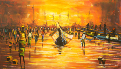 'Pescadores de Peces' - Pintura impresionista naranja de escena de barco de Ghana