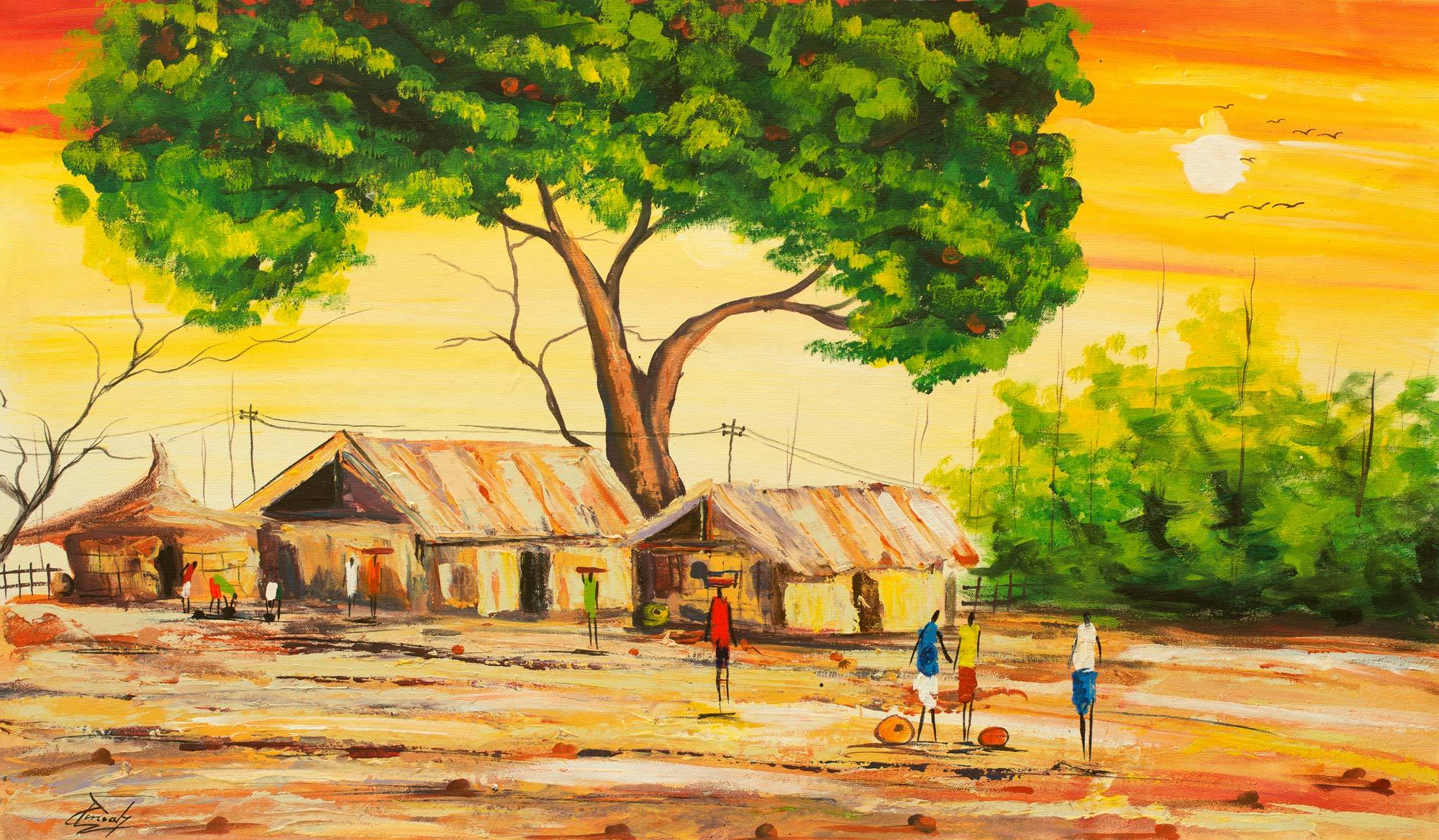 Acrylic Impressionist Painting of Village Tree from Ghana Northern