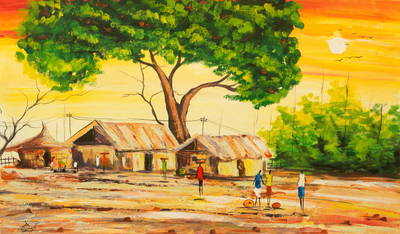 'Northern Settlement' - Acrylic Impressionist Painting of Village Tree from Ghana