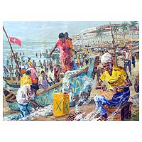 'Una llamada de urgencia' - Pintura firmada por un impresionista de la playa ghanesa de Ghana