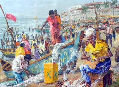 'Un llamado de urgencia' - Pintura firmada por un impresionista de playa de Ghana procedente de Ghana