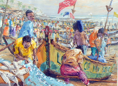 Impressionist Painting of People and Boats from Ghana