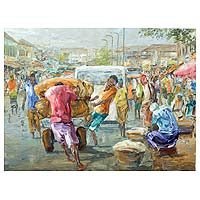 'Labor Force' - Impressionist Painting of Workers in Cityscape from Ghana