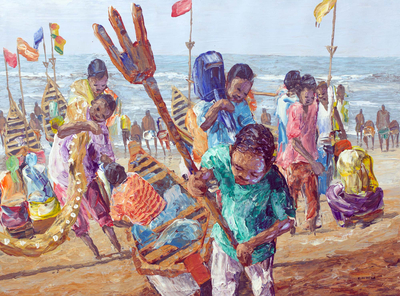 'Raising Future Leaders' - Pintura impresionista de niños en la playa de Ghana