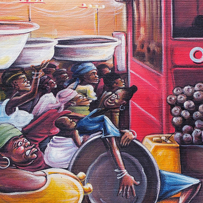 'Rush Hour' - Pintura acrílica de caricatura de una escena de mercado de Ghana