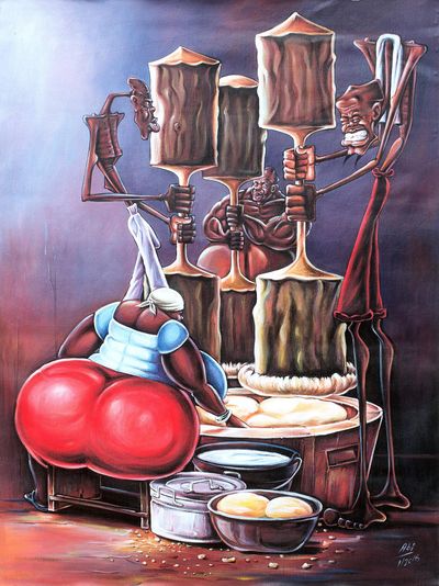 'Sunday Special' - Acrylic Surrealist Painting of a Cultural Scene from Ghana