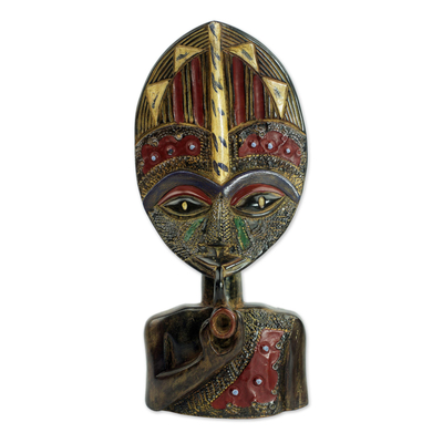 African wood sculpture, 'Lorlonyo' - Ghanaian Hand Carved Sese Wood and Aluminum Sculpture
