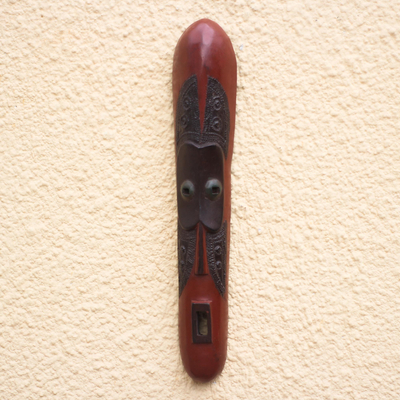 African wood mask, 'Gelede Dance' - Sese Wood and Aluminum African Mask Oblong from Ghana