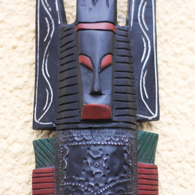 African wood mask, 'Fierce Red' - Hand Made Red Wood Aluminum African Wall Mask from Ghana