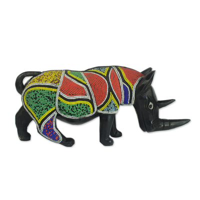 Beaded wood sculpture, 'Beaded Rhino' - Sese Wood Rhino Sculpture with Recycled Glass Beads