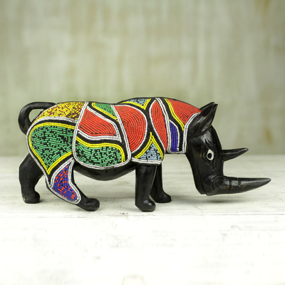 Beaded wood sculpture, 'Beaded Rhino' - Sese Wood Rhino Sculpture with Recycled Glass Beads