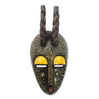 African wood mask, 'Age of Poro' - Hand Carved Sese Wood Wall Mask with Horns from Ghana