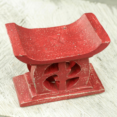 Wood mini decorative stool, 'Adrinka in Red' - Hand Carved Red Mini Wood Decorative Stool from Ghana
