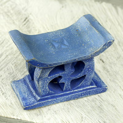 Wood mini decorative stool, 'Adinkra in Blue' - Hand Carved Blue Mini Wood Decorative Stool from Ghana