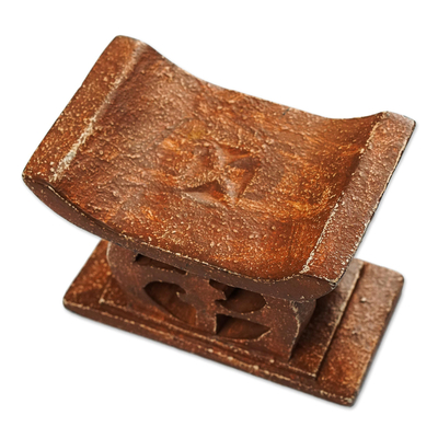 Wood mini decorative stool, 'Adinkra in Brown' - Hand Carved Mini Wood Decorative Stool from Ghana