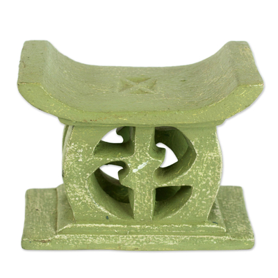 Wood mini decorative stool, 'Adinkra in Olive' - Hand Carved Green Mini Wood Decorative Stool from Ghana