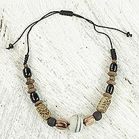 Recycled bead pendant necklace, 'Village Harmony' - Recycled Glass and Sese Wood Beaded Pendant Necklace