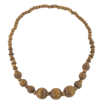 Wood beaded necklace, 'Simply Bold' - Brown Sese Wood Beaded Necklace from Ghana