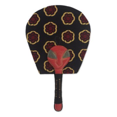Cotton and wood fan, 'Claret Twafo' - Cotton and Wood Fan in Charcoal and Claret from Ghana
