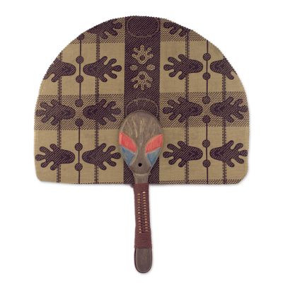 Cotton and wood fan, 'Dan Mask' - Cotton and Wood Fan in Mahogany and Cinnabar from Ghana